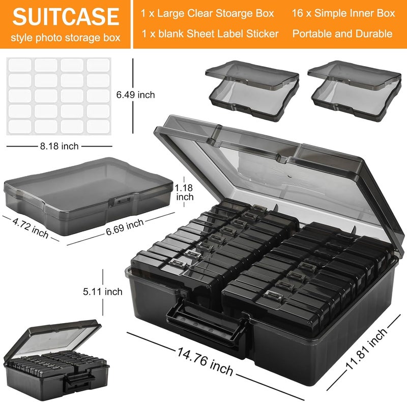 A-Link Photo Storage Box with Handle, 4" x 6" Photo Organizer Storage Container with 16 Inner Case and 1 Sheet Label for Pictures, Arts, Crafts, Sewing, Stickers, Seeds, Office Supplies - Black - Image 2